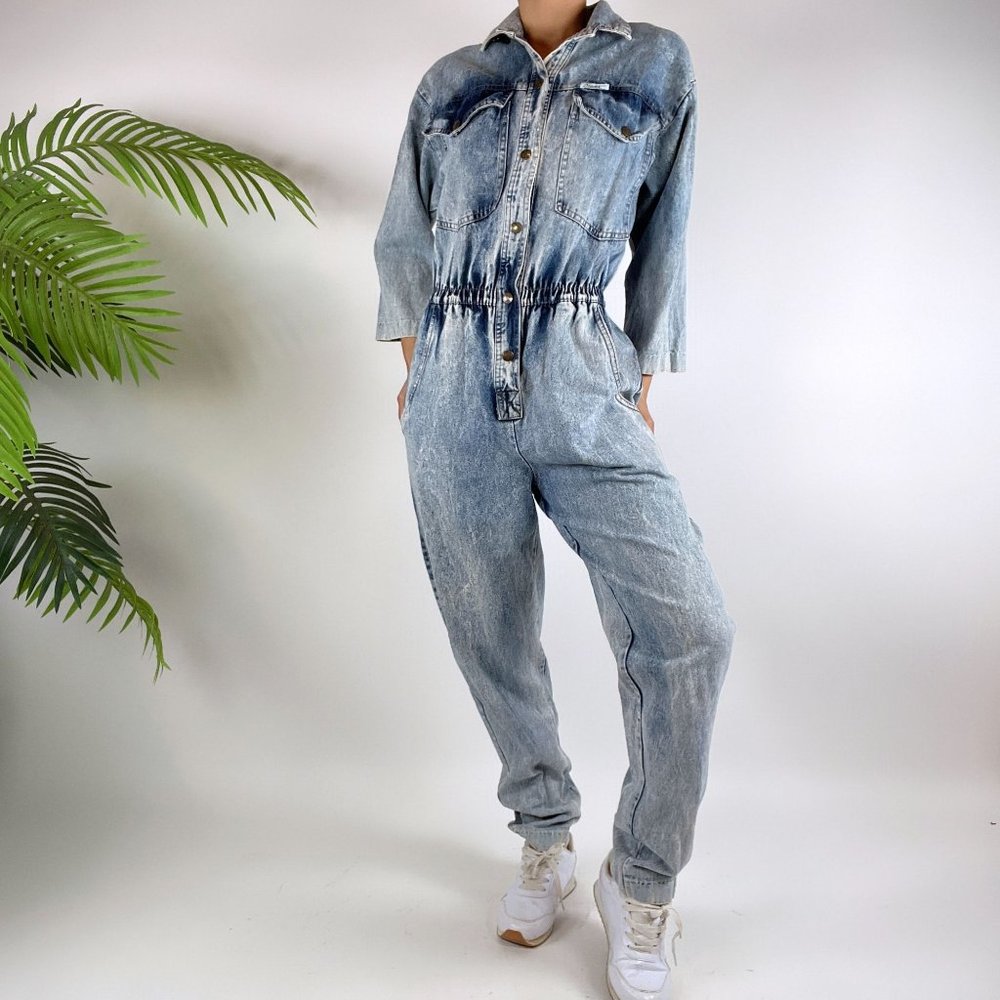 Vintage 80s Indie Grunge Acid Washed Denim Boiler Jumpsuit Coveralls / Size: M